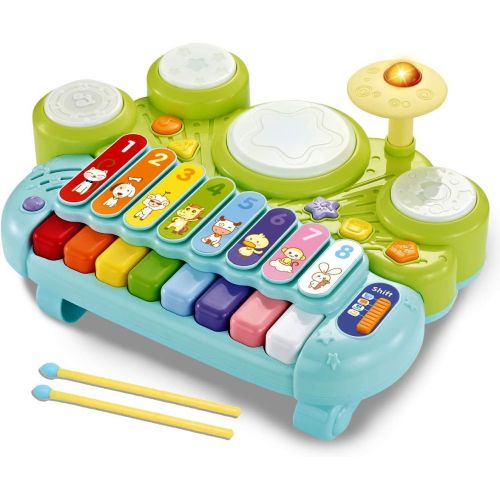  [아마존베스트]Fisca fisca 3 in 1 Musical Instruments Toys, Electronic Piano Keyboard Xylophone Drum Set - Learning Toys with Lights for Baby & Toddler 1 2 3 Year Old Boys and Girls