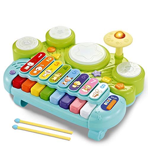  [아마존베스트]fisca 3 in 1 Musical Instruments Toys, Electronic Piano Keyboard Xylophone Drum Set - Learning Toys with Lights for Baby & Toddler 1 2 3 Year Old Boys and Girls