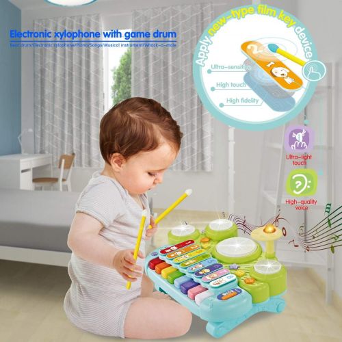  [아마존베스트]fisca 3 in 1 Musical Instruments Toys, Electronic Piano Keyboard Xylophone Drum Set - Learning Toys with Lights for Baby & Toddler 1 2 3 Year Old Boys and Girls