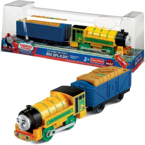  Fisher Price Year 2013 Thomas and Friends Trackmaster TALKING Series Motorized Railway Battery Powered Tank Engine Train Set - Big Splash! TALKING VICTOR with Timber Loaded Wagon