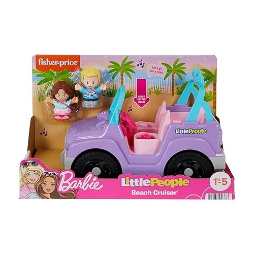 피셔프라이스 Fisher-Price Little People Barbie Toy Car Beach Cruiser with Music Sounds and 2 Figures for Pretend Play Ages 18+ Months