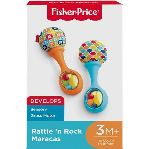 피셔프라이스 Fisher-Price Newborn Toys Rattle 'n Rock Maracas, Set of 2 Soft Musical Instruments for Babies 3+ Months, Blue & Orange