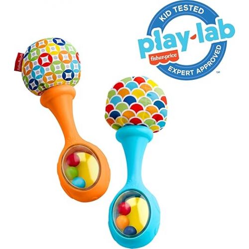 피셔프라이스 Fisher-Price Newborn Toys Rattle 'n Rock Maracas, Set of 2 Soft Musical Instruments for Babies 3+ Months, Blue & Orange