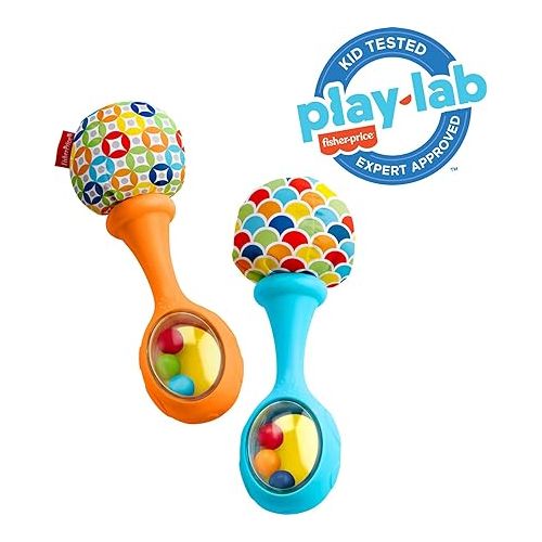 피셔프라이스 Fisher-Price Newborn Toys Rattle 'n Rock Maracas, Set of 2 Soft Musical Instruments for Babies 3+ Months, Blue & Orange