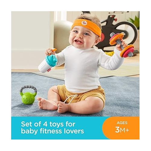 피셔프라이스 Fisher-Price Teething & Rattle Toys Baby Biceps Gift Set, Gym-Themed for Infant Fine Motor & Sensory Play, 4 Pieces