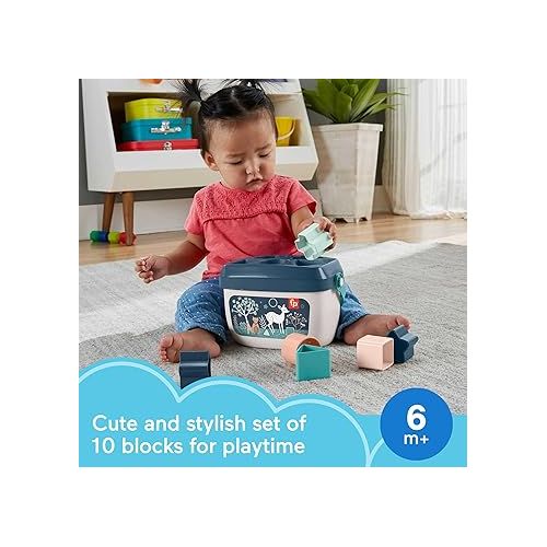 피셔프라이스 Fisher-Price Stacking Toy Baby’s First Blocks Set of 10 Shapes for Sorting Play for Infants Ages 6+ Months, Navy Fawn? (Amazon Exclusive)