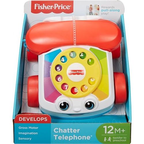 피셔프라이스 Fisher-Price Toddler Pull Toy Chatter Telephone Pretend Phone with Rotary Dial and Wheels for Walking Play Ages 1+ years