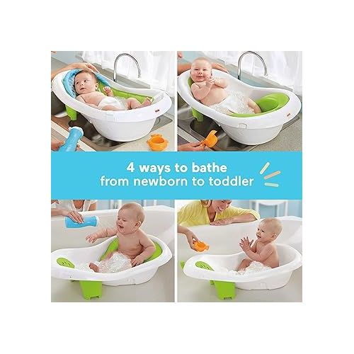 피셔프라이스 Fisher-Price Baby to Toddler Bath 4-In-1 Sling ‘N Seat Tub with Removable Infant Support and 2 Toys, Green