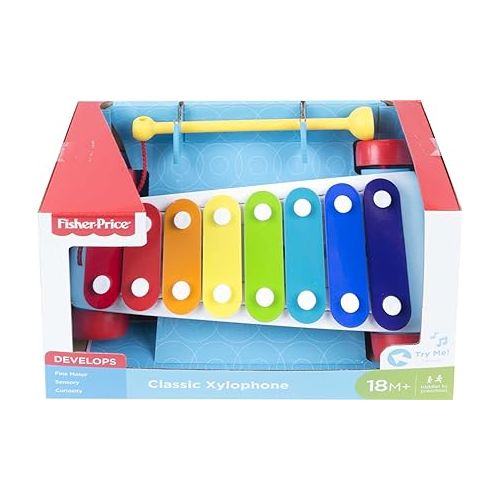 피셔프라이스 Fisher-Price Toddler Pull Toy, Classic Xylophone Pretend Musical Instrument with Mallet and Rolling Wheels for Ages 18+ Months