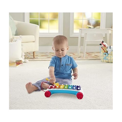 피셔프라이스 Fisher-Price Toddler Pull Toy, Classic Xylophone Pretend Musical Instrument with Mallet and Rolling Wheels for Ages 18+ Months