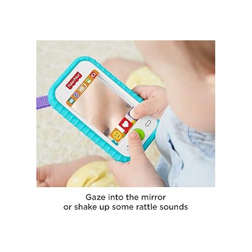 피셔프라이스 Fisher-Price Baby Toy Hashtag Selfie Fun Phone 3-in-1 Rattle Mirror & BPA-Free Teether for Sensory & Fine Motor Skill Development