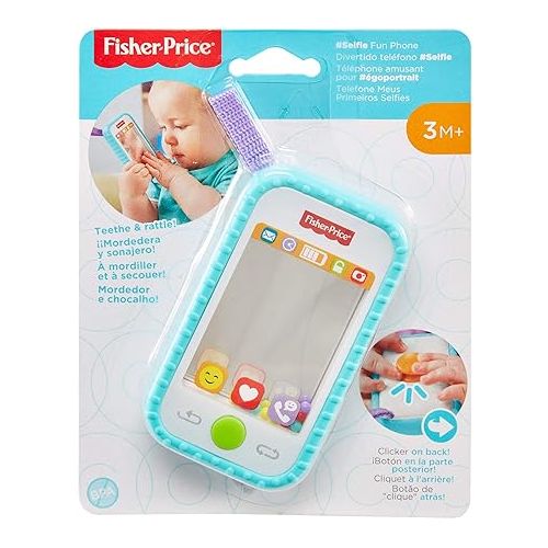 피셔프라이스 Fisher-Price Baby Toy Hashtag Selfie Fun Phone 3-in-1 Rattle Mirror & BPA-Free Teether for Sensory & Fine Motor Skill Development