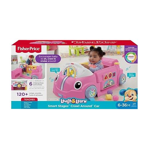 피셔프라이스 Fisher-Price Baby Learning Toy Laugh & Learn Crawl Around Car Activity Center with Smart Stages for Infants Ages 6+ Months, Pink (Amazon Exclusive)