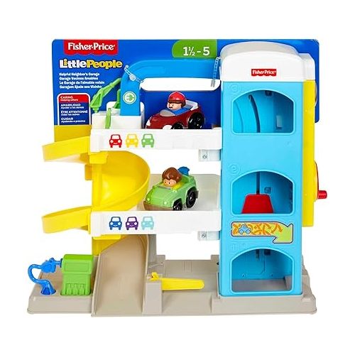 피셔프라이스 Fisher-Price Little People Toddler Toy Helpful Neighbor's Garage Playset with Spiral Ramp and 2 Wheelies Cars for Ages 18+ Months Multicolor