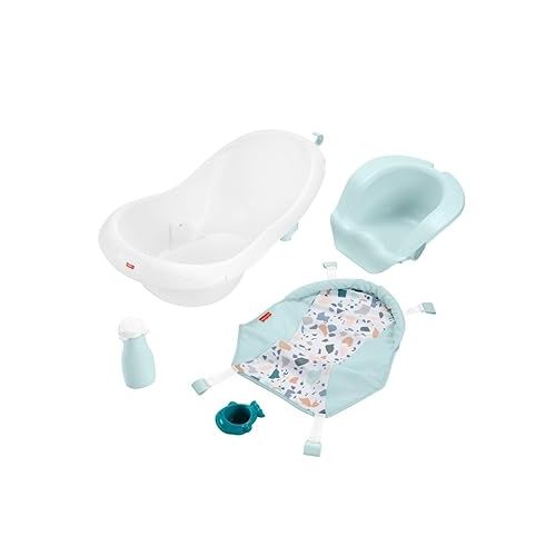 피셔프라이스 Fisher-Price Baby to Toddler Bath 4-In-1 Sling ‘N Seat Tub with Removable Infant Support and 2 Toys, Pacific Pebble