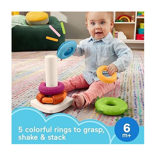 피셔프라이스 Fisher-Price Stacking Toy Sensory Rock-A-Stack Rings with Fine Motor Activities on Roly-Poly Base for Infants Ages 6+ Months