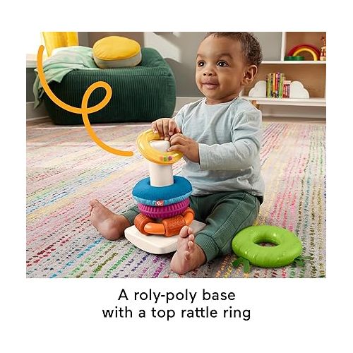 피셔프라이스 Fisher-Price Stacking Toy Sensory Rock-A-Stack Rings with Fine Motor Activities on Roly-Poly Base for Infants Ages 6+ Months