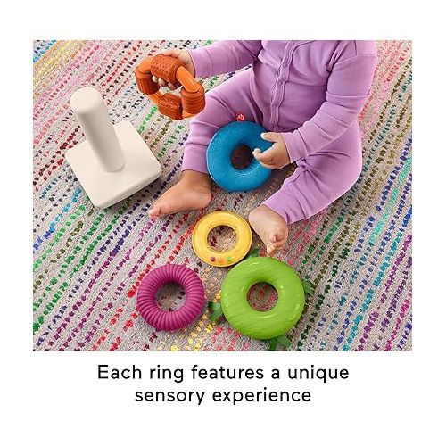 피셔프라이스 Fisher-Price Stacking Toy Sensory Rock-A-Stack Rings with Fine Motor Activities on Roly-Poly Base for Infants Ages 6+ Months