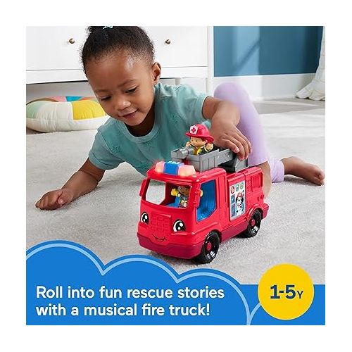 피셔프라이스 Fisher-Price Little People Toddler Toy Fire Truck Musical Push-Along Vehicle with 2 Figures for Pretend Play Ages 1+ Years