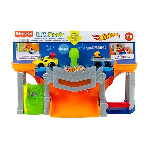 피셔프라이스 Fisher-Price Little People Hot Wheels Toddler Toy Race and Go Track Set with Lights Sounds & 2 Cars for Pretend Play Kids Ages 18+ Months?