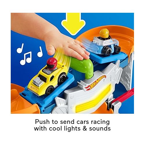 피셔프라이스 Fisher-Price Little People Hot Wheels Toddler Toy Race and Go Track Set with Lights Sounds & 2 Cars for Pretend Play Kids Ages 18+ Months?