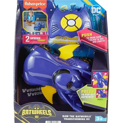 피셔프라이스 Fisher-Price DC Batwheels Remote Control Car, Bam The Batmobile Transforming RC Toy with Lights Sounds & Character Phrases for Ages 3+ Years