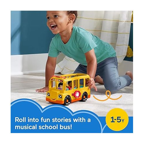 피셔프라이스 Fisher-Price Little People Toddler Toy School Bus Musical Push-Along Vehicle with 2 Figures for Pretend Play Ages 1+ Years