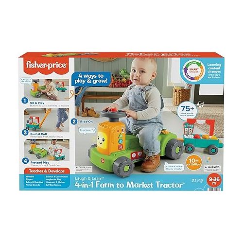 피셔프라이스 Fisher-Price Baby to Toddler Toy Laugh & Learn 4-in-1 Farm to Market Tractor Ride On with Pull Wagon & Smart Stages for Infants Ages 9+ Months