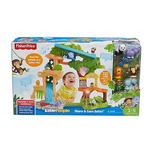피셔프라이스 Fisher-Price Little People Toddler Playset Share & Care Safari 2-Ft Tall Toy with Lights Sounds & 7 Figures for Ages 1+ years