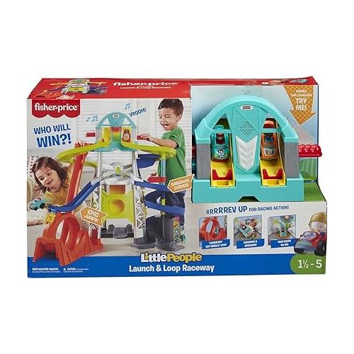 피셔프라이스 Fisher-Price Little People Toddler Playset Launch & Loop Raceway Race Track with Lights Sounds & 2 Toy Cars for Ages 18+ Months (Amazon Exclusive)