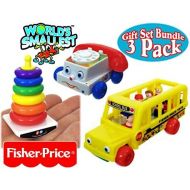 [아마존베스트]World's Worlds Smallest Fisher-Price Chatter Telephone, Rock-A-Stack & Little People School Bus Complete Gift Set Party Bundle - 3 Pack