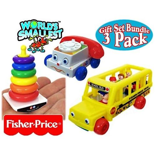  [아마존베스트]World's Worlds Smallest Fisher-Price Chatter Telephone, Rock-A-Stack & Little People School Bus Complete Gift Set Party Bundle - 3 Pack