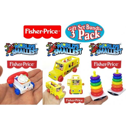  [아마존베스트]World's Worlds Smallest Fisher-Price Chatter Telephone, Rock-A-Stack & Little People School Bus Complete Gift Set Party Bundle - 3 Pack