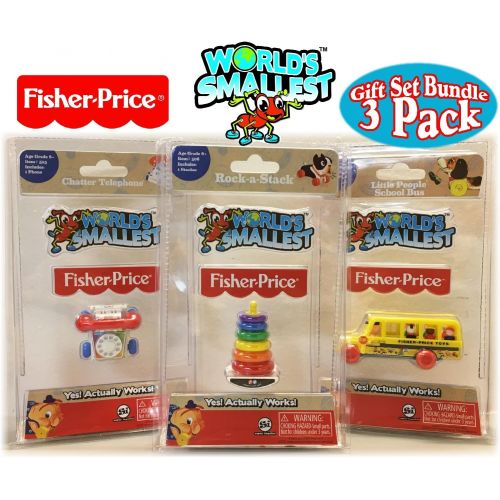  [아마존베스트]World's Worlds Smallest Fisher-Price Chatter Telephone, Rock-A-Stack & Little People School Bus Complete Gift Set Party Bundle - 3 Pack