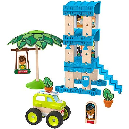  Fisher-Price Wonder Makers Design System Beach Bungalow - 35+ Piece Building and Wooden Track Play Set for Ages 3 Years & Up