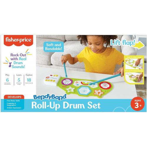  Fisher-Price BendyBand Roll-Up Drum SetElectric Drums for Kids, 1 Drum Mat, 2 Drumsticks, 6 Percussion Instrument Sounds, Follow-Me Mode, Musical Toys for Toddlers, Ages 3+