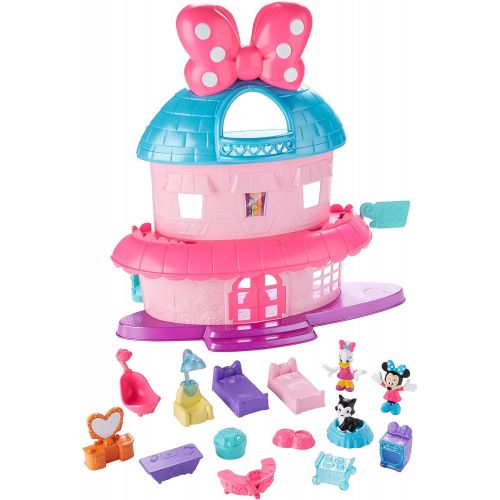  Fisher-Price Minnie Mouses Home Sweet Headquarters is a 4 level dollhouse playset with five rooms of play and features three figures, 12 play pieces, an elevator, and Minnies magic Turnstyler f