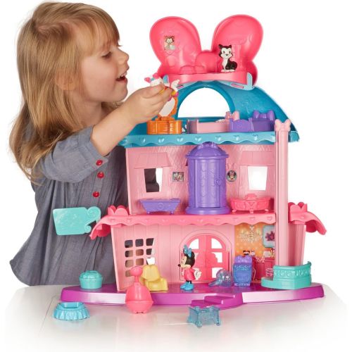  Fisher-Price Minnie Mouses Home Sweet Headquarters is a 4 level dollhouse playset with five rooms of play and features three figures, 12 play pieces, an elevator, and Minnies magic Turnstyler f