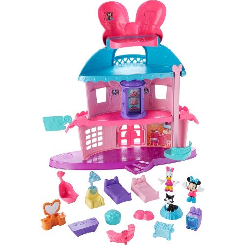  Fisher-Price Minnie Mouses Home Sweet Headquarters is a 4 level dollhouse playset with five rooms of play and features three figures, 12 play pieces, an elevator, and Minnies magic Turnstyler f