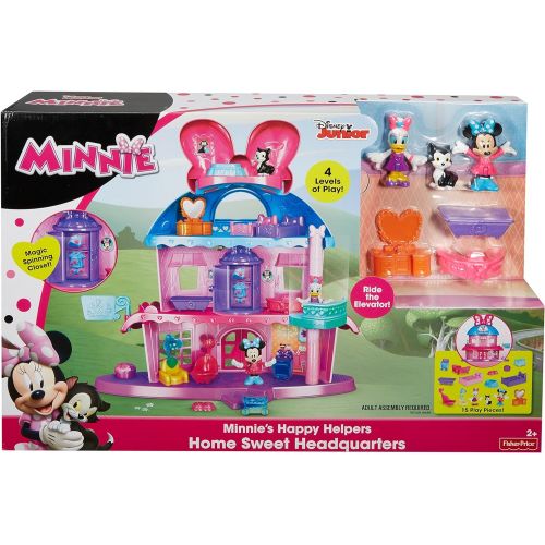  Fisher-Price Minnie Mouses Home Sweet Headquarters is a 4 level dollhouse playset with five rooms of play and features three figures, 12 play pieces, an elevator, and Minnies magic Turnstyler f