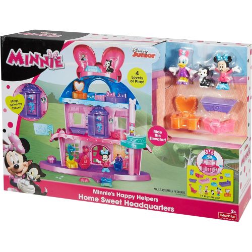  Fisher-Price Minnie Mouses Home Sweet Headquarters is a 4 level dollhouse playset with five rooms of play and features three figures, 12 play pieces, an elevator, and Minnies magic Turnstyler f