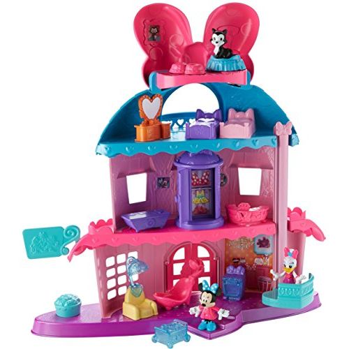  Fisher-Price Minnie Mouses Home Sweet Headquarters is a 4-level dollhouse playset with five rooms of play and features three figures, 12 play pieces, an elevator, and Minnies magic Turnstyler f