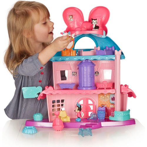  Fisher-Price Minnie Mouses Home Sweet Headquarters is a 4-level dollhouse playset with five rooms of play and features three figures, 12 play pieces, an elevator, and Minnies magic Turnstyler f