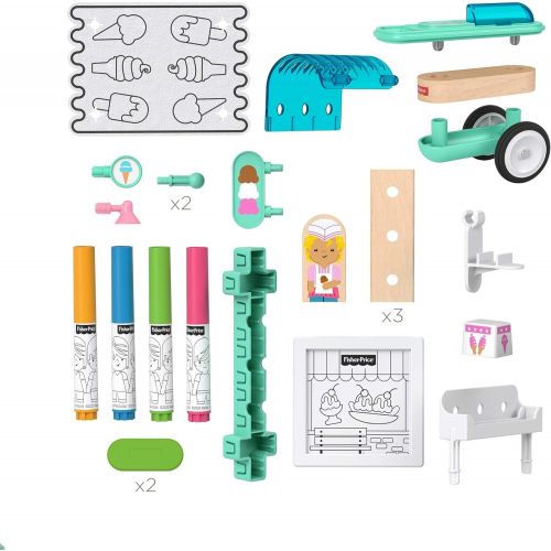  Fisher-Price Wonder Makers Design System Ice Cream Cart, 15+ Pieces, craftable Building and Track Set with colorable Pieces for Preschool Kids Ages 3 Years & up