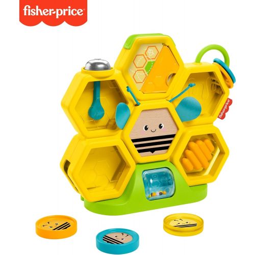  Fisher-Price Busy Activity Hive, bee-themed coin drop activity toy with real wood and metal details for baby ages 9 months and older