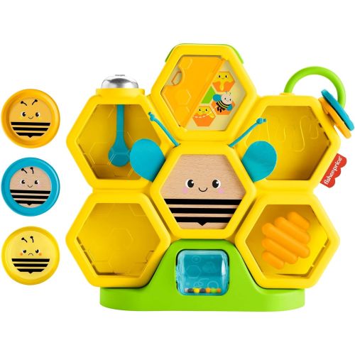  Fisher-Price Busy Activity Hive, bee-themed coin drop activity toy with real wood and metal details for baby ages 9 months and older