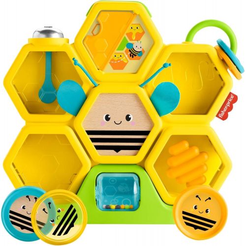  Fisher-Price Busy Activity Hive, bee-themed coin drop activity toy with real wood and metal details for baby ages 9 months and older