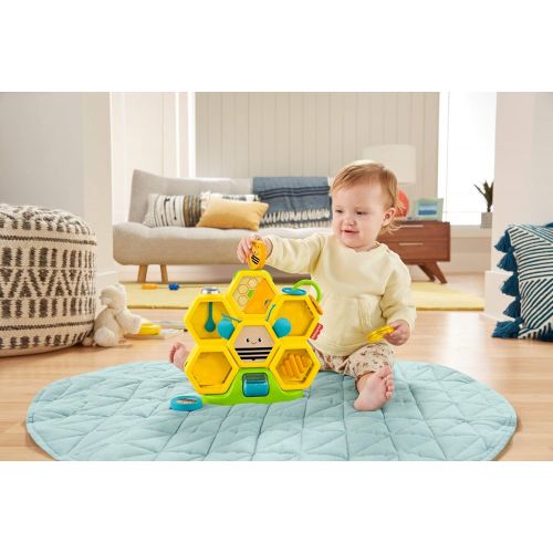  Fisher-Price Busy Activity Hive, bee-themed coin drop activity toy with real wood and metal details for baby ages 9 months and older