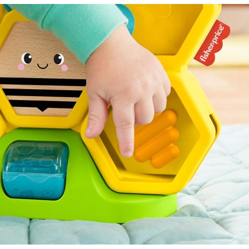  Fisher-Price Busy Activity Hive, bee-themed coin drop activity toy with real wood and metal details for baby ages 9 months and older