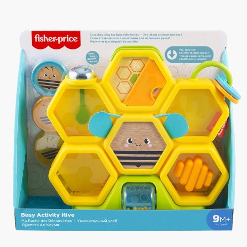  Fisher-Price Busy Activity Hive, bee-themed coin drop activity toy with real wood and metal details for baby ages 9 months and older